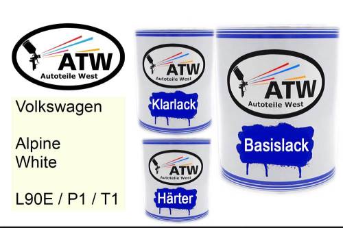 Volkswagen, Alpine White, L90E / P1 / T1: 1L Lackdose + 1L Klarlack + 500ml Härter - Set, von ATW Autoteile West.